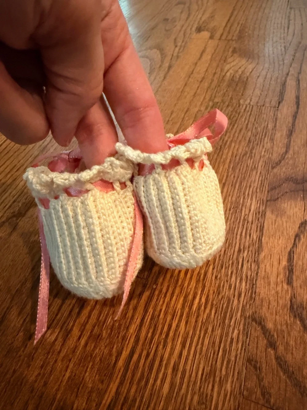 Handmade Cream Baby Booties with Pink Ribbon